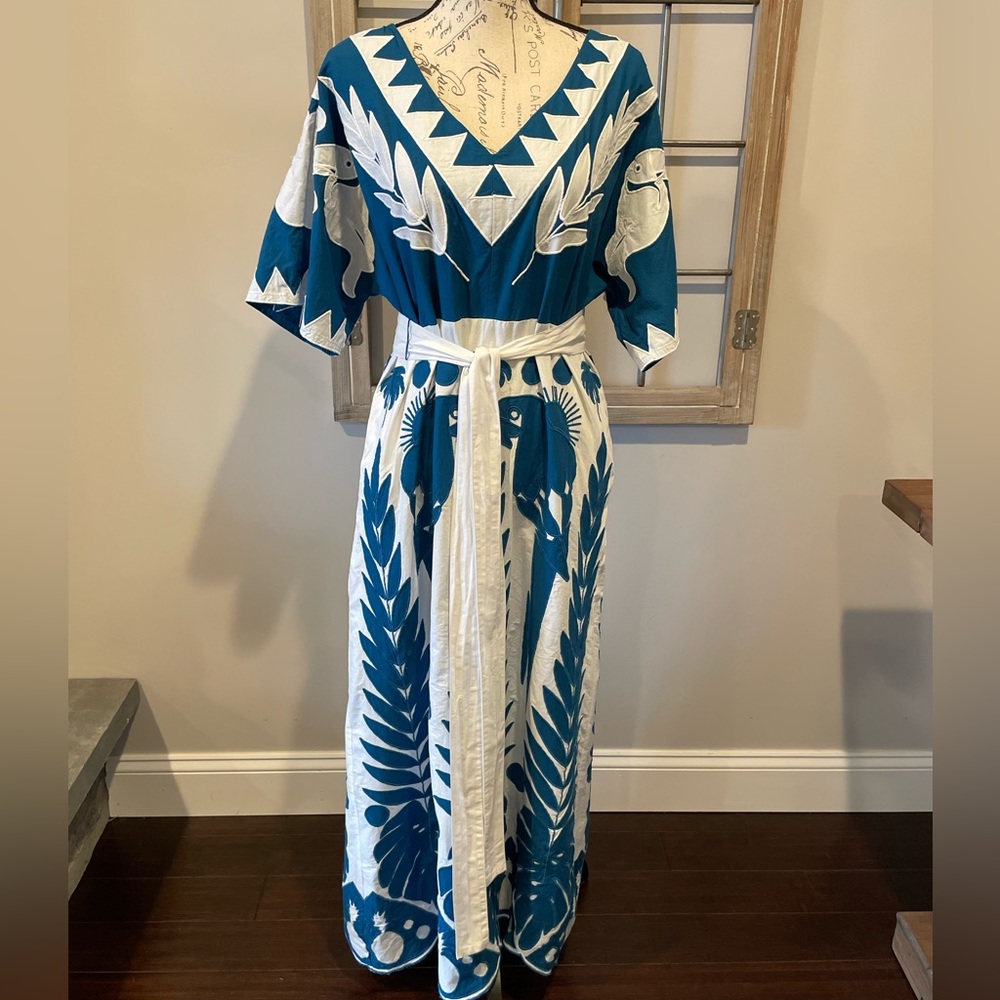 Farm Rio white Patchwork white and teal blue Maxi dress